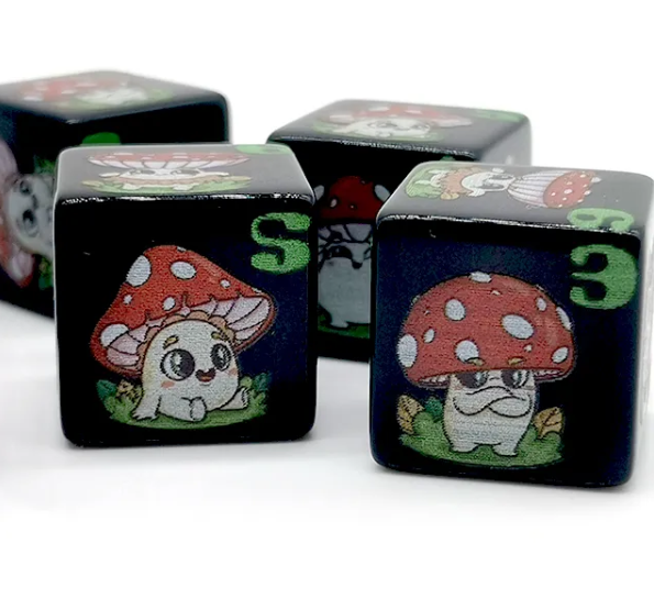 (Black) Mushroom Dice | Printed d6 Dice Featuring Cute Mushroom Numbered