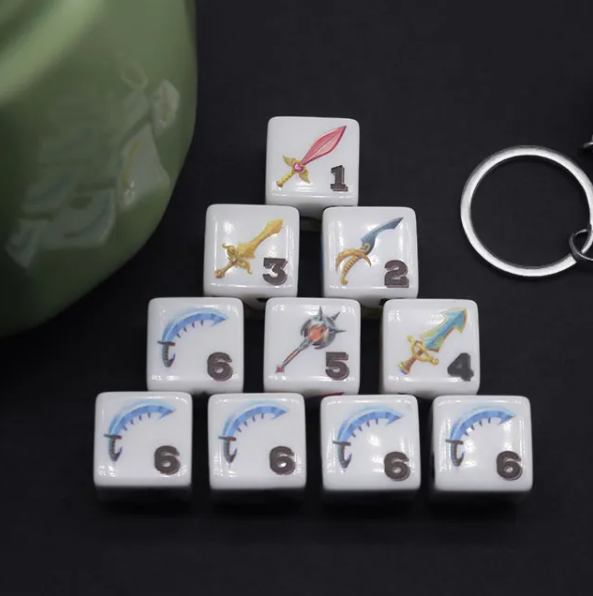 (White) Sword Dice | Printed d6 Dice Featuring Fantasy Weapons Numbered