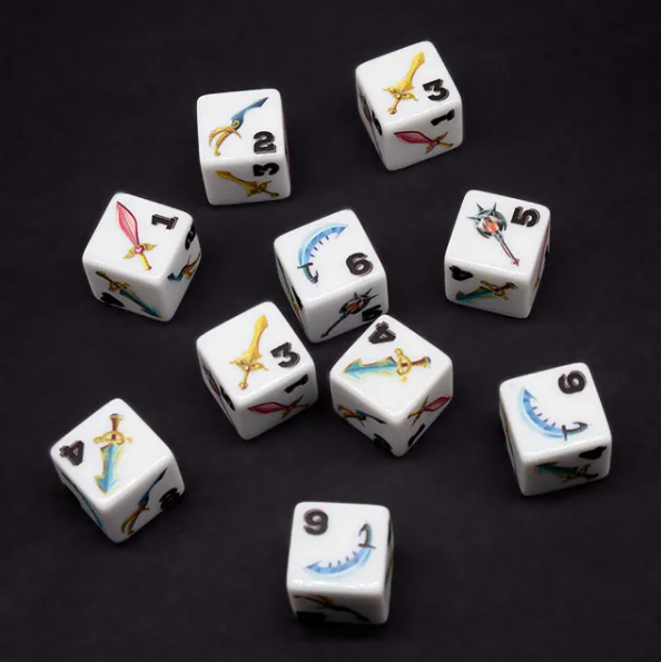 (White) Sword Dice | Printed d6 Dice Featuring Fantasy Weapons Numbered