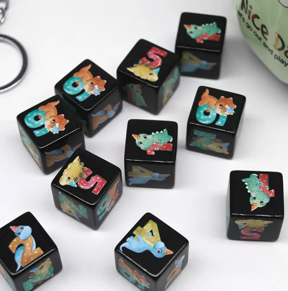 (Black) Dinosaur Dice | Printed d6 Dice Featuring Cute Dinos Numbered