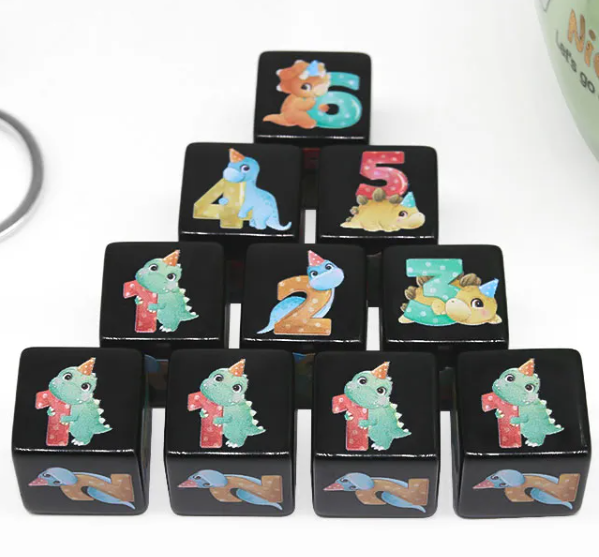 (Black) Dinosaur Dice | Printed d6 Dice Featuring Cute Dinos Numbered