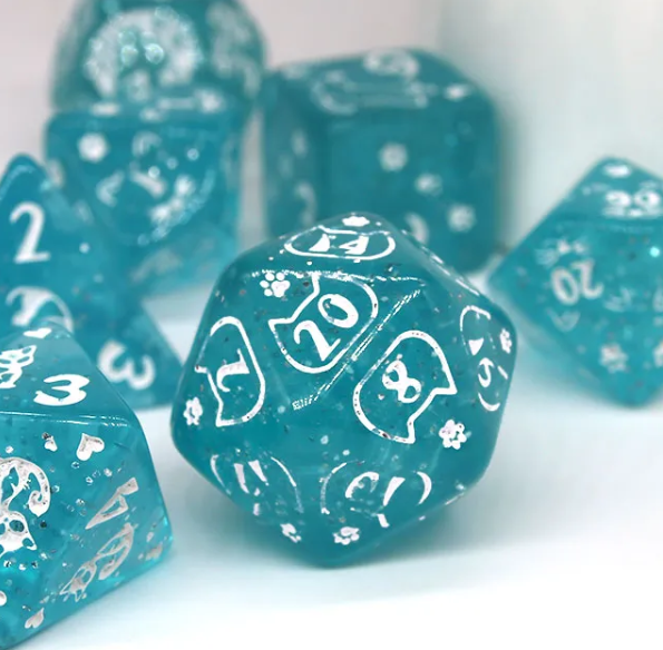 Imperfect - Cat's Meow Blue 7-Dice Set with Silver Glitter - Cat-Themed - Discounted