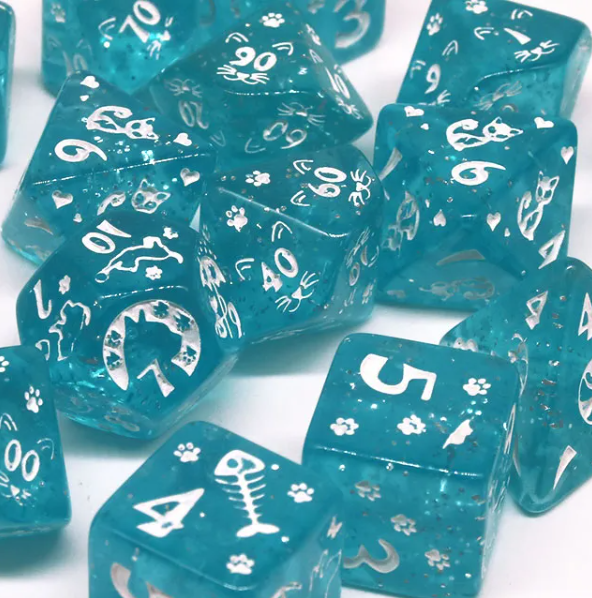 Imperfect - Cat's Meow Blue 7-Dice Set with Silver Glitter - Cat-Themed - Discounted