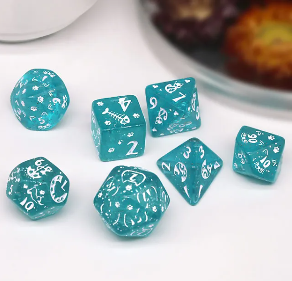 Imperfect - Cat's Meow Blue 7-Dice Set with Silver Glitter - Cat-Themed - Discounted