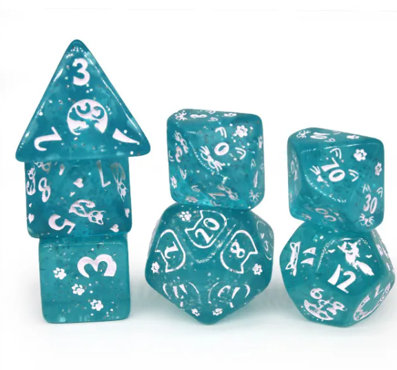 Imperfect - Cat's Meow Blue 7-Dice Set with Silver Glitter - Cat-Themed - Discounted