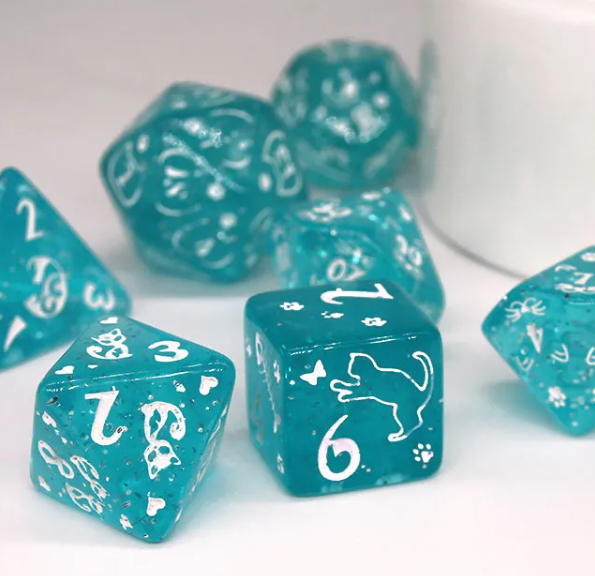 Imperfect - Cat's Meow Blue 7-Dice Set with Silver Glitter - Cat-Themed - Discounted