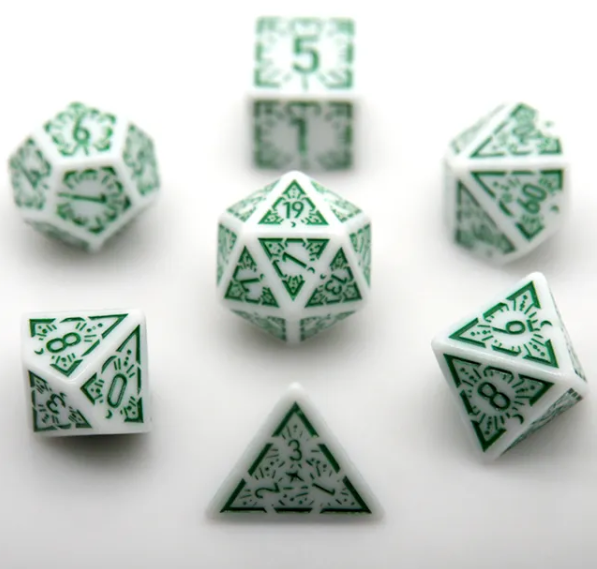 Arcane Emerald Polyhedral Dice Set | 7-Dice White & Green