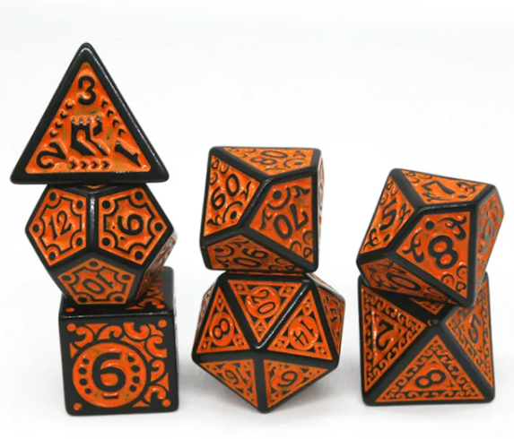 Black with Orange Ink Irregular Pattern Fill | 7-Dice Acrylic Dice Set