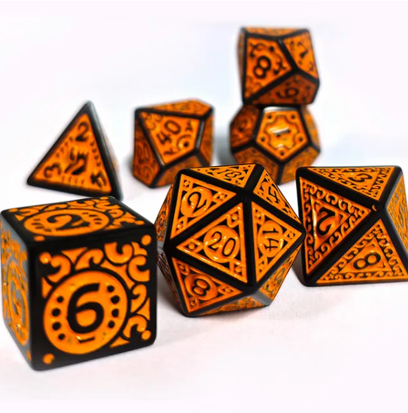 Black with Orange Ink Irregular Pattern Fill | 7-Dice Acrylic Dice Set