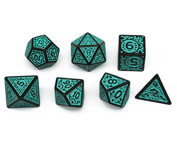 Black with Teal Ink Irregular Pattern Fill | 7-Dice Acrylic Dice Set