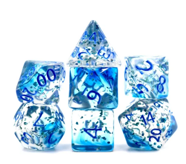 Clear-Blue Blend | 7-Dice DnD Set w/Blue Numbers and Glitter