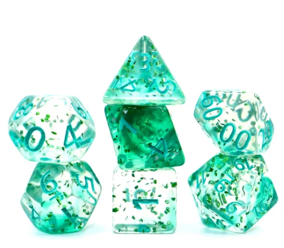 Clear-Green Blend | 7-Dice DnD Set w/Green Numbers and Glitter