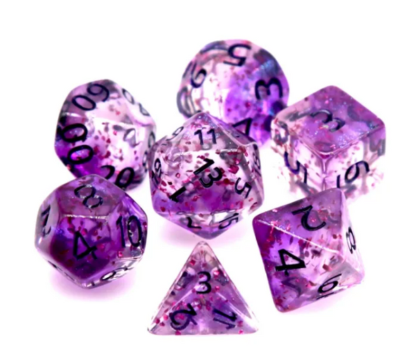 Clear-Purple Blend | 7-Dice DnD Set w/Blue Numbers and Glitter