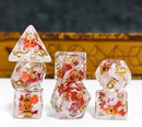 Autumn Whisper 7-Dice RPG Set - Clear Resin with Gold Numbers and Red Foil Maple Leaves