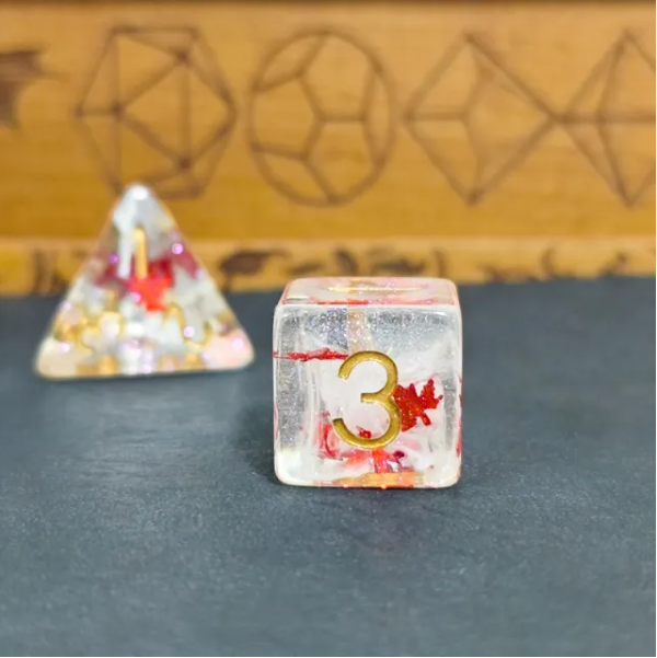 Autumn Whisper 7-Dice RPG Set - Clear Resin with Gold Numbers and Red Foil Maple Leaves