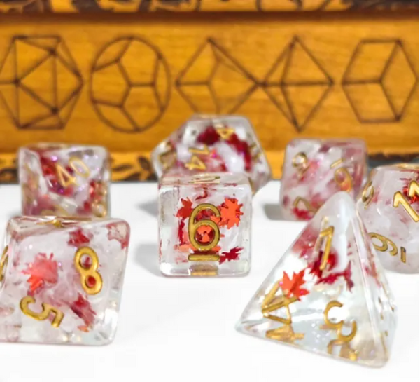 Autumn Whisper 7-Dice RPG Set - Clear Resin with Gold Numbers and Red Foil Maple Leaves