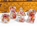 Autumn Whisper 7-Dice RPG Set - Clear Resin with Gold Numbers and Red Foil Maple Leaves