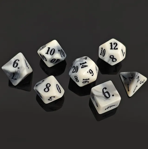 Marbled Elegance 7-Dice RPG Set - White with Grey Veins and Black Numbers