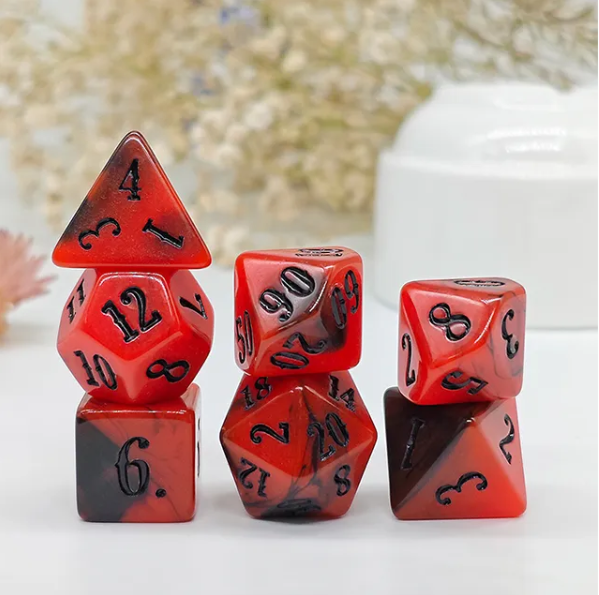 Inferno Blaze 7-Dice RPG Set - Red and Black Marble with Black Numbers