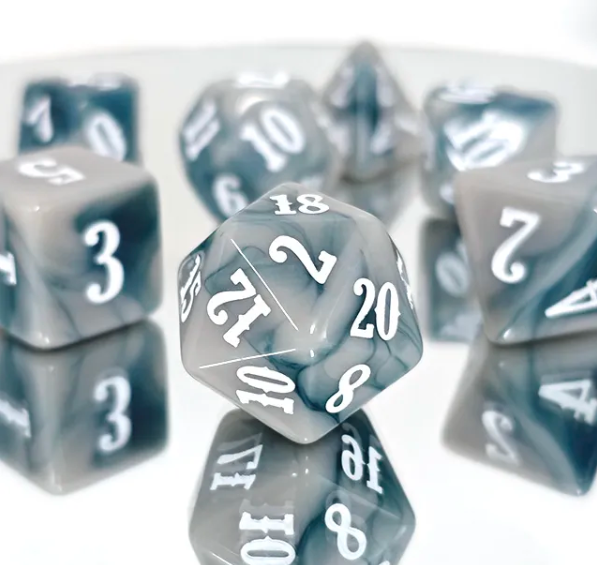 Stormy Veil 7-Dice RPG Set - Grey Marble with White Numbers