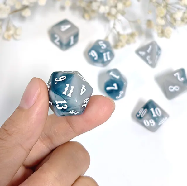 Stormy Veil 7-Dice RPG Set - Grey Marble with White Numbers