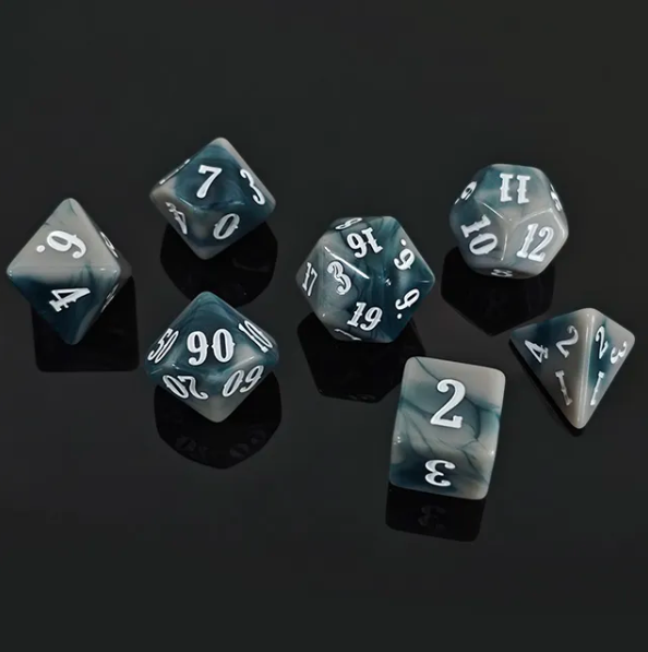 Stormy Veil 7-Dice RPG Set - Grey Marble with White Numbers