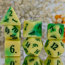 Emerald Blaze 7-Dice RPG Set - Yellow and Green Swirl with Green Numbers