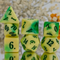 Emerald Blaze 7-Dice RPG Set - Yellow and Green Swirl with Green Numbers