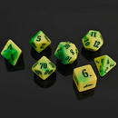 Emerald Blaze 7-Dice RPG Set - Yellow and Green Swirl with Green Numbers