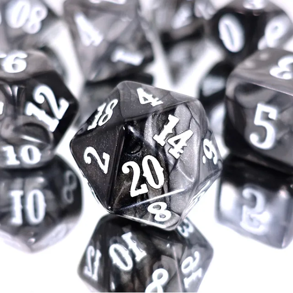 Obsidian Marble 7-Dice RPG Set - Black with Silver Swirl and White Numbers