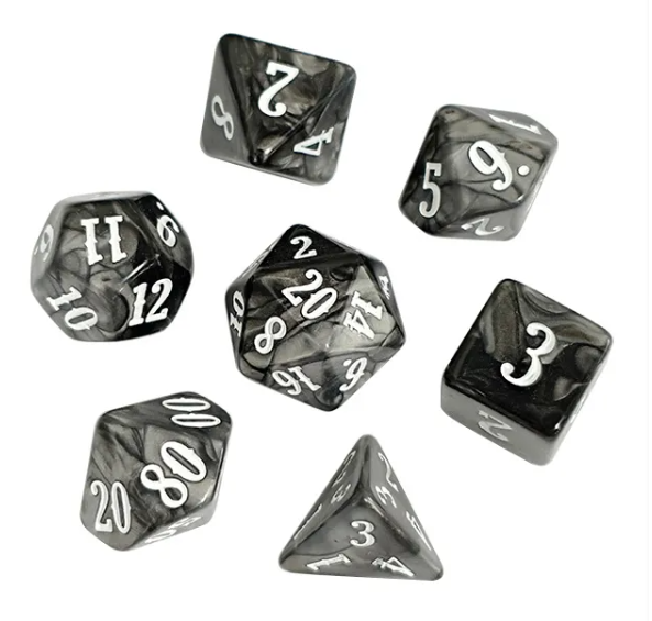 Obsidian Marble 7-Dice RPG Set - Black with Silver Swirl and White Numbers