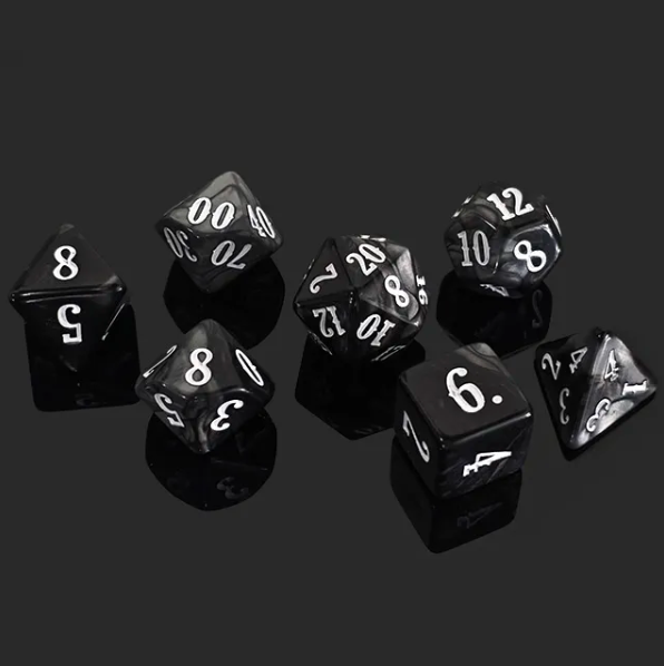 Obsidian Marble 7-Dice RPG Set - Black with Silver Swirl and