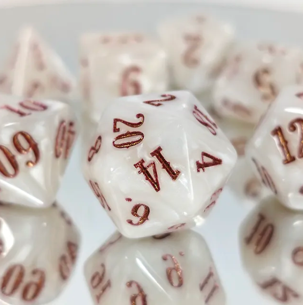 Pearl Radiance 7-Dice RPG Set - White Pearl with Copper Numbers