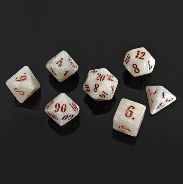 Pearl Radiance 7-Dice RPG Set - White Pearl with Copper Numbers