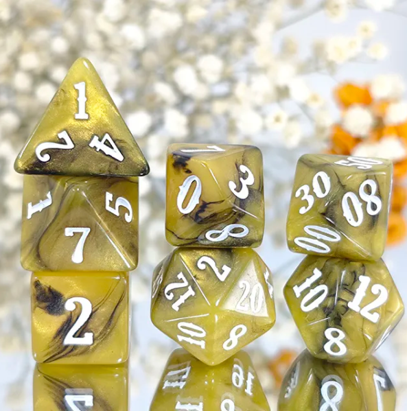 Golden Ember 7-Dice RPG Set - Amber with White Numbers