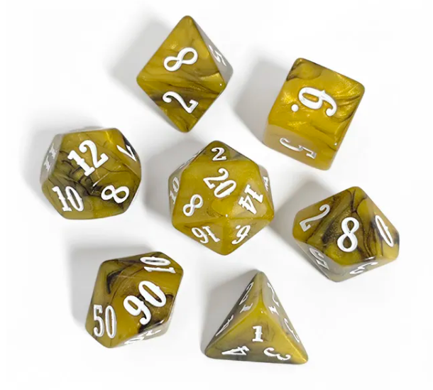 Golden Ember 7-Dice RPG Set - Amber with White Numbers