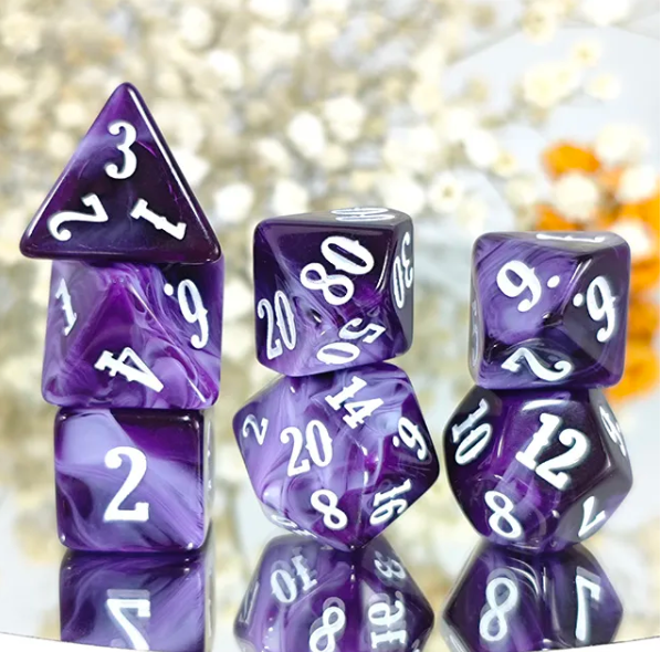 Amethyst Veil 7-Dice RPG Set - Deep Purple with White Number