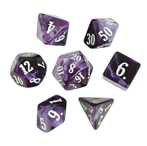 Amethyst Veil 7-Dice RPG Set - Deep Purple with White Number