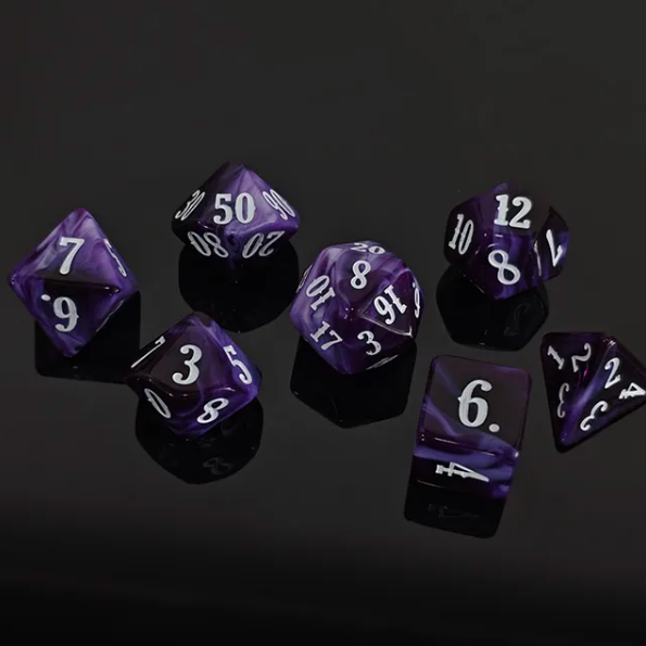 Amethyst Veil 7-Dice RPG Set - Deep Purple with White Number