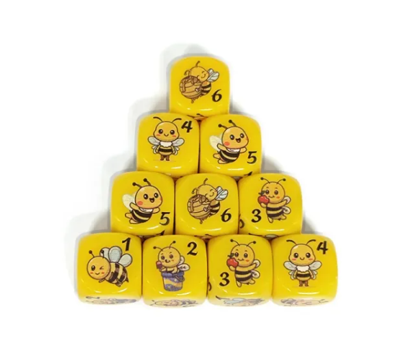 Happy Bee Themed 16mm Rounded Edge Dice | Printed d6 Dice