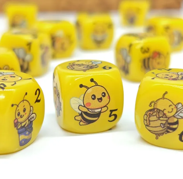 Happy Bee Themed 16mm Rounded Edge Dice | Printed d6 Dice