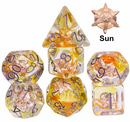 Radiant Dawn: Cleric Sun 7-Dice Set with Golden Sunburst | Yellow & Orange Sun Dice