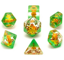 Lion Dice Clear & Green 7-Dice Set DND RPG Dice Gold Ink Crown Inclusion