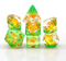 Lion Dice Clear & Green 7-Dice Set DND RPG Dice Gold Ink Crown Inclusion