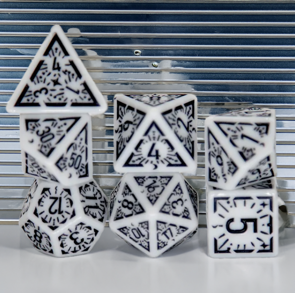 Arcane Obsidian Glyph Polyhedral Dice Set | 7-Dice White & Black