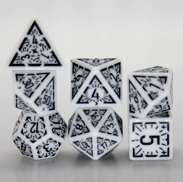 Arcane Obsidian Glyph Polyhedral Dice Set | 7-Dice White & Black