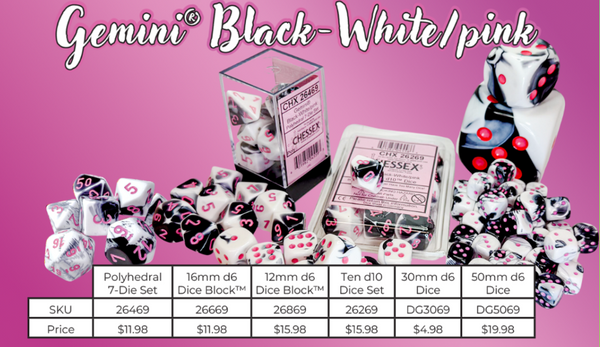 Gemini® Black/White/pink | 7-Dice Set, 16mm, 12mm, d10s