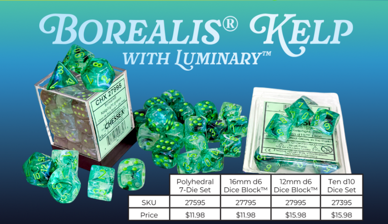 Borealis® Kelp/green with Luminary | 7-Dice Set, 16mm, 12mm, d10s