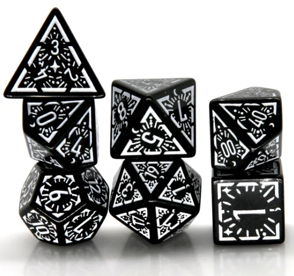 Arcane White Glyph Polyhedral Dice Set | 7-Dice Black & White