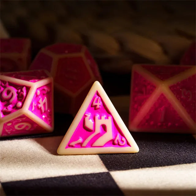 Off-White with Pink Irregular Pattern Fill: 7-Piece Acrylic Dice Set